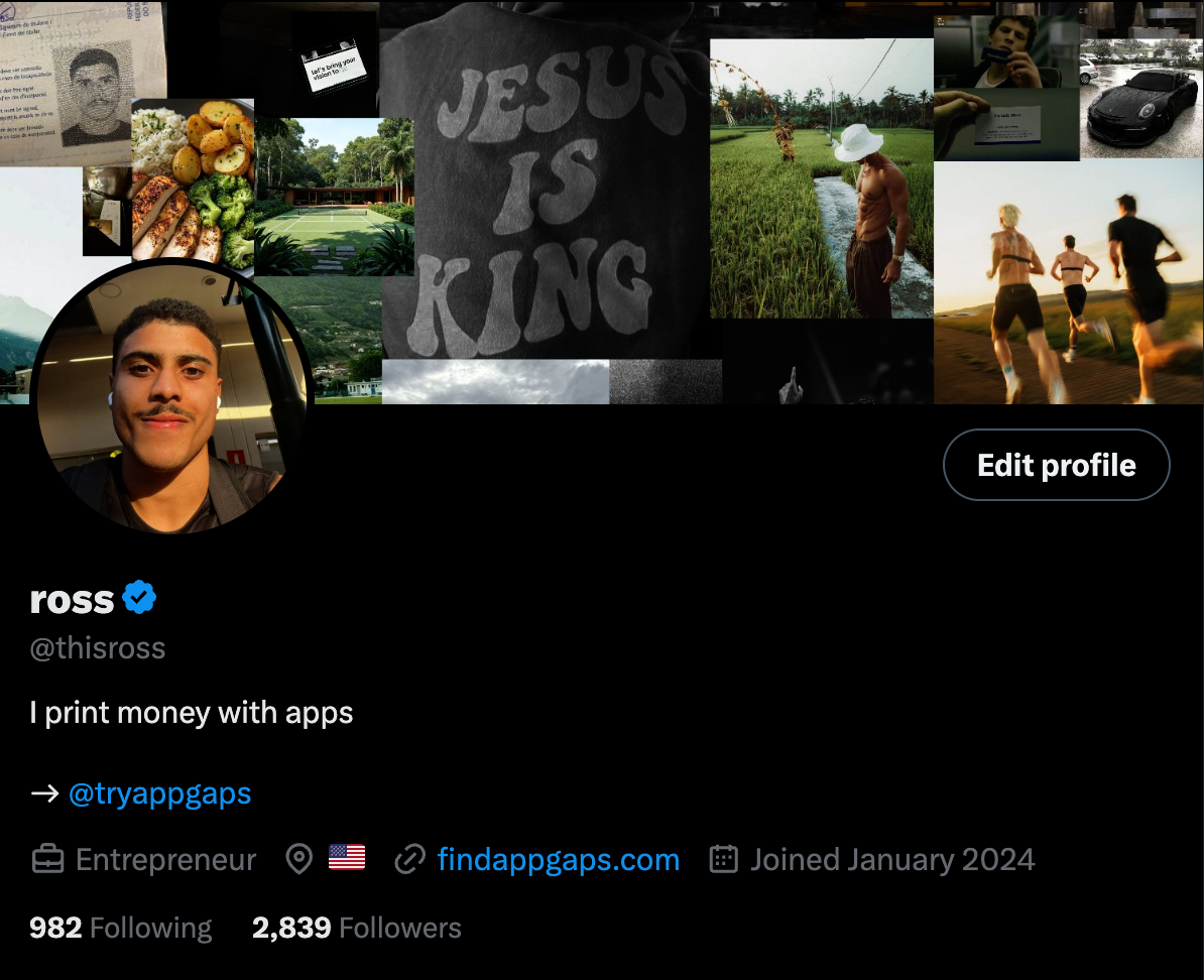 Ross's X profile: 2,839 followers, 'I print money with apps'